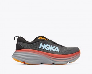 Men's HOKA Bondi 8 Running Shoes Dark Grey / Red / Black | 715-NRAGVF