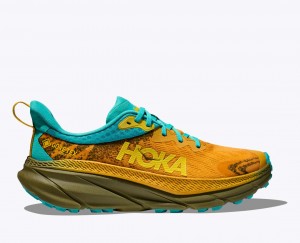 Men's HOKA Challenger 7 GTX Trail Running Shoes Orange / Olive / Turquoise | 791-WZVOFC