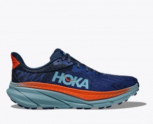 Men's HOKA Challenger 7 Trail Running Shoes Dark Blue / Orange | 914-HBRKXT