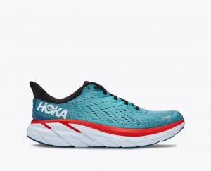 Men's HOKA Clifton 8 Running Shoes Turquoise / Red | 952-BOGTLS