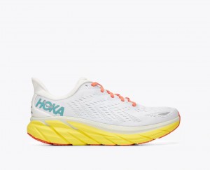 Men's HOKA Clifton 8 Running Shoes White / Yellow | 408-ROIYEW