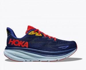 Men's HOKA Clifton 9 Running Shoes Navy / Dark Coral | 630-KPDWSX