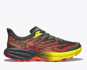 Men's HOKA Speedgoat 5 Trail Running Shoes Black / Red / Yellow | 921-LHAFBQ