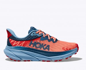 Women's HOKA Challenger 7 Trail Running Shoes Coral / Dark Blue | 497-ZQMKIH