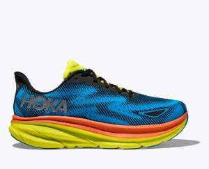 Women's HOKA Clifton 9 GTX Running Shoes Blue / Black / Green | 317-DBCKNP