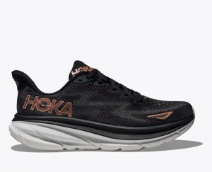 Women's HOKA Clifton 9 Running Shoes Black / Rose Gold | 821-FNMXSZ