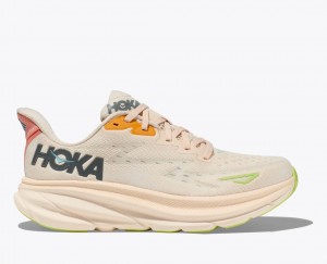 Women's HOKA Clifton 9 Running Shoes Light Beige / Multicolor | 283-NGSLWX