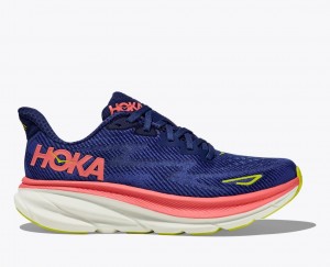 Women's HOKA Clifton 9 Running Shoes Navy / Coral | 412-SXDYNM