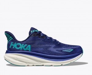 Women's HOKA Clifton 9 Running Shoes Navy / Turquoise | 408-FTNPJU