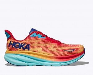 Women's HOKA Clifton 9 Running Shoes Orange / Red / Blue | 706-AWXYBV