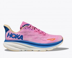 Women's HOKA Clifton 9 Running Shoes Pink / Blue | 402-NSMUWO