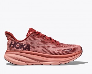 Women's HOKA Clifton 9 Running Shoes Red Brown / Beige | 924-AISJFT