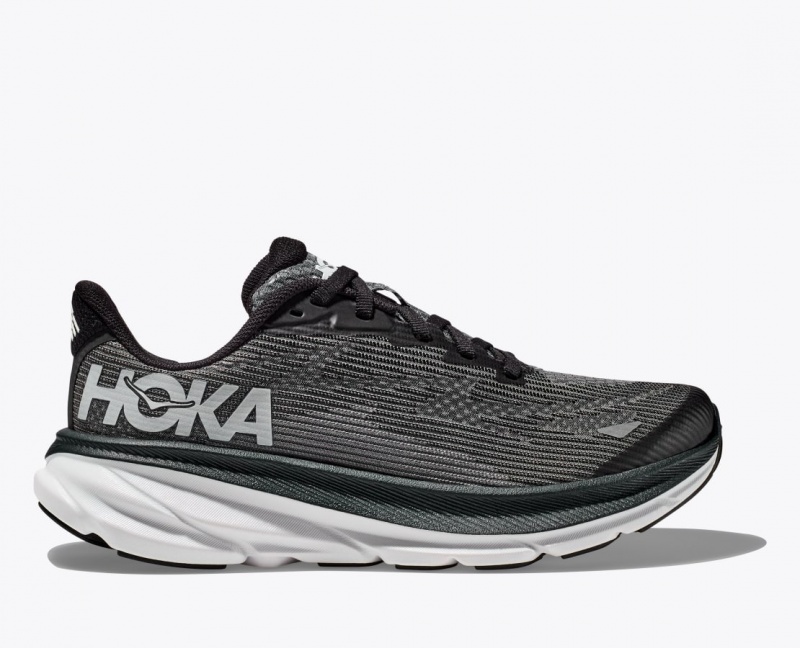 Kids\' HOKA Clifton 9 Running Shoes Black / White | 204-YRNOFT