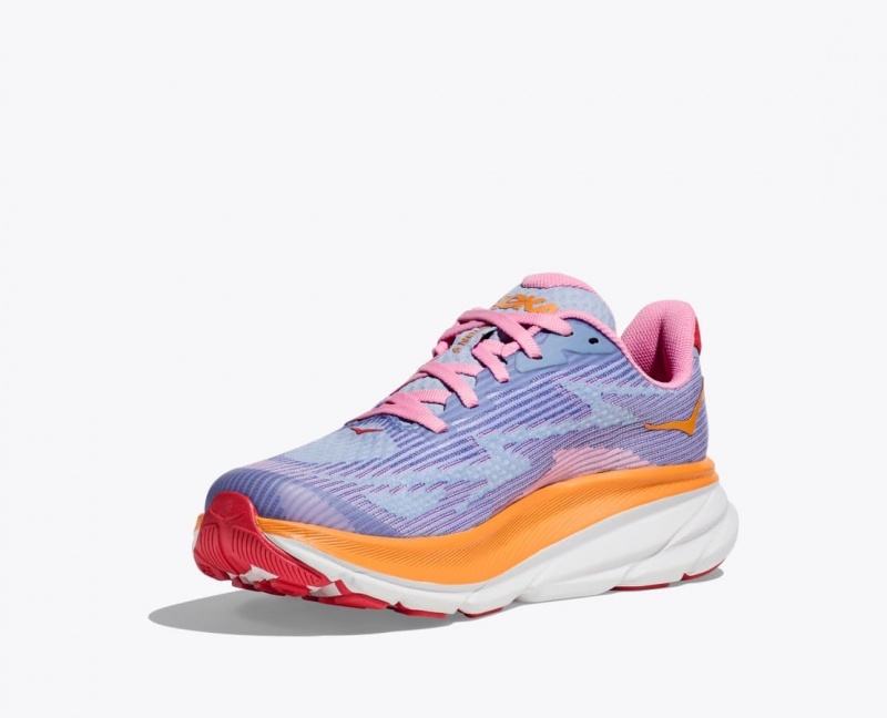 Kids' HOKA Clifton 9 Running Shoes Light Purple / Orange / Pink | 613-SEZTYR