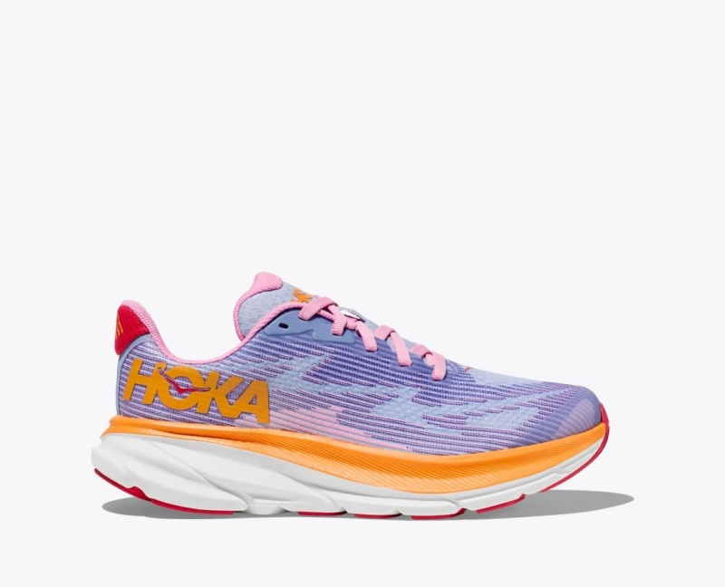 Kids\' HOKA Clifton 9 Running Shoes Light Purple / Orange / Pink | 613-SEZTYR