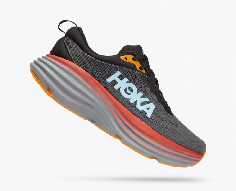 Men's HOKA Bondi 8 Running Shoes Dark Grey / Red / Black | 715-NRAGVF