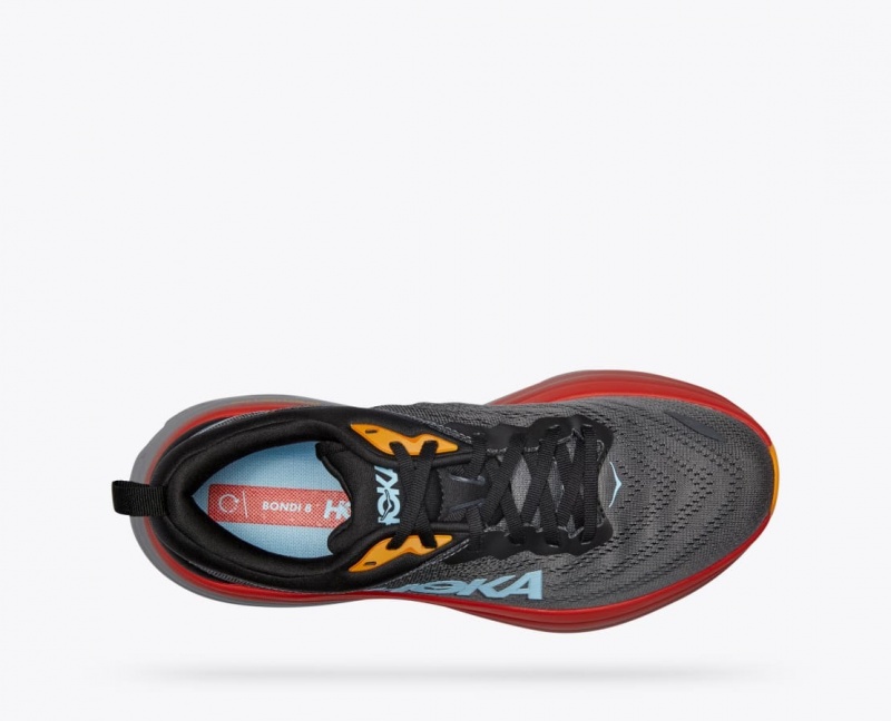 Men's HOKA Bondi 8 Running Shoes Dark Grey / Red / Black | 715-NRAGVF