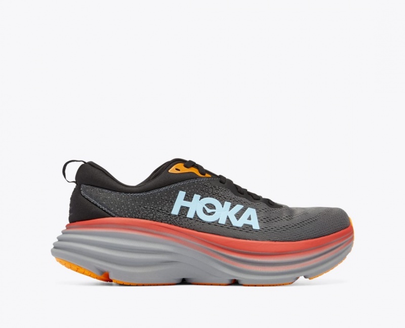 Men\'s HOKA Bondi 8 Running Shoes Dark Grey / Red / Black | 715-NRAGVF