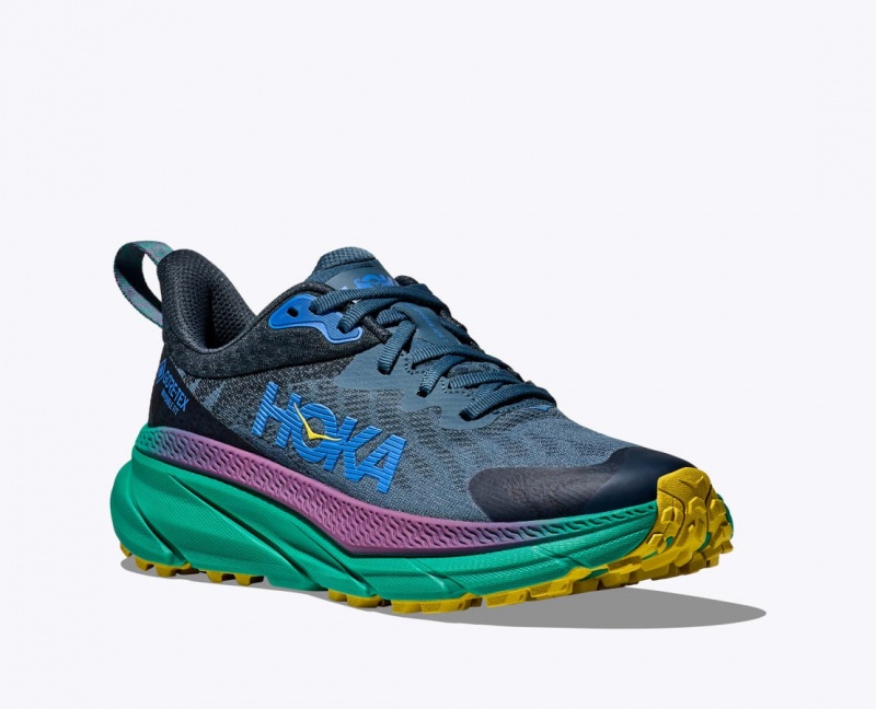 Men's HOKA Challenger 7 GTX Trail Running Shoes Blue / Black / Green | 906-AMEUBZ