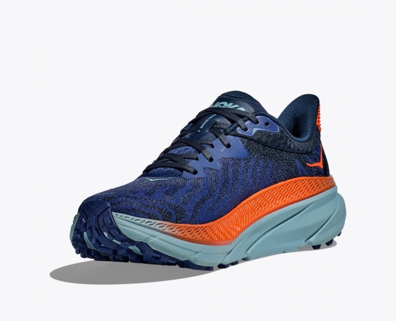 Men's HOKA Challenger 7 Trail Running Shoes Dark Blue / Orange | 914-HBRKXT