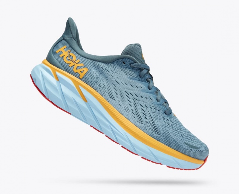 Men's HOKA Clifton 8 Running Shoes Blue Green / Orange | 860-XEFYLQ