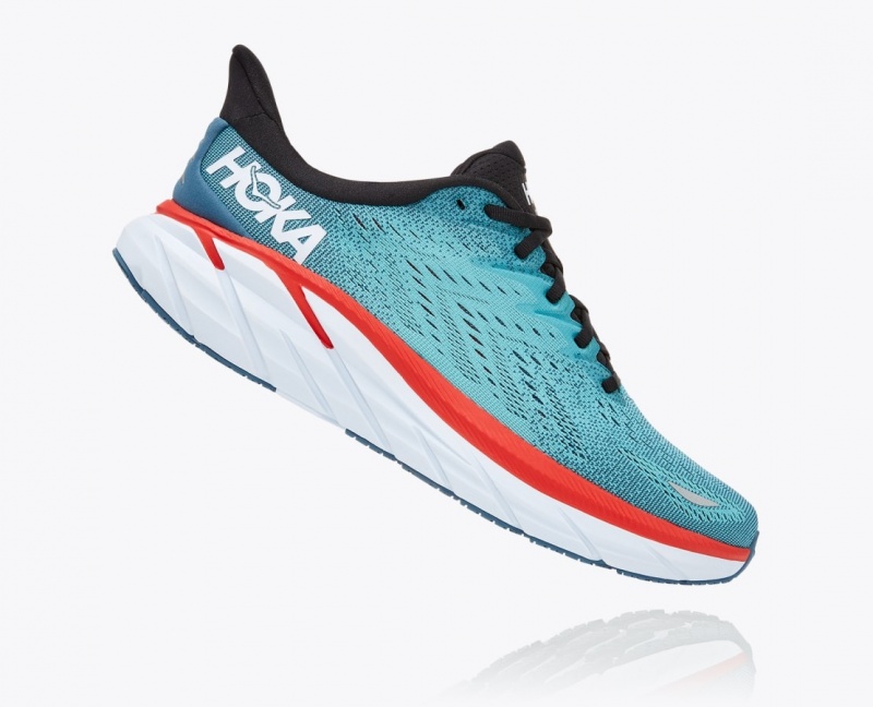 Men's HOKA Clifton 8 Running Shoes Turquoise / Red | 952-BOGTLS