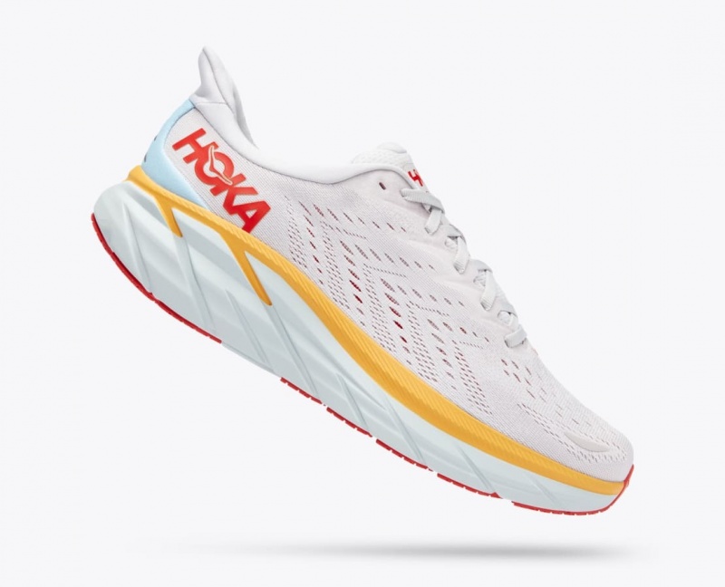 Men's HOKA Clifton 8 Running Shoes White / Orange / Red | 194-TKMAHV