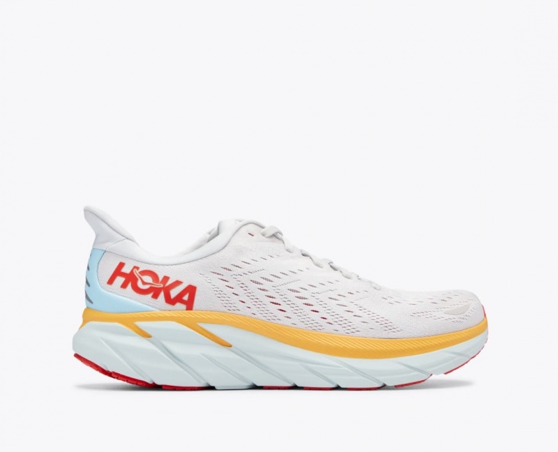 Men\'s HOKA Clifton 8 Running Shoes White / Orange / Red | 194-TKMAHV