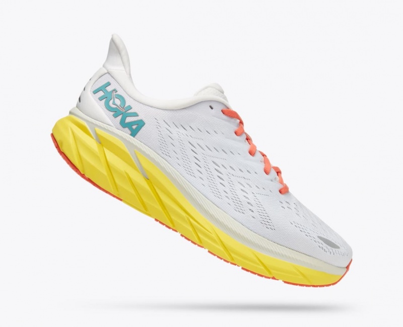 Men's HOKA Clifton 8 Running Shoes White / Yellow | 408-ROIYEW