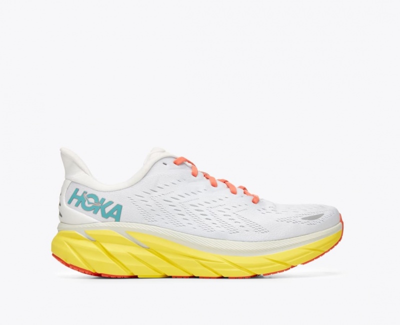 Men\'s HOKA Clifton 8 Running Shoes White / Yellow | 408-ROIYEW