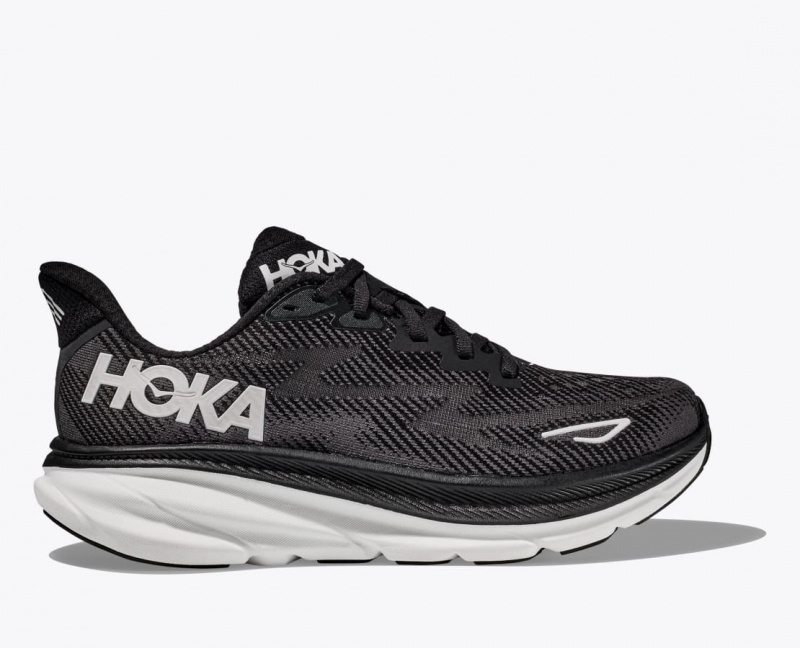 Men\'s HOKA Clifton 9 Running Shoes Black / White | 751-POVKQI