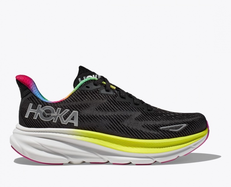 Men\'s HOKA Clifton 9 Running Shoes Black / Light Green | 603-REMTXY