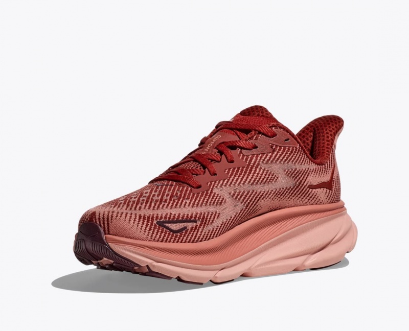 Men's HOKA Clifton 9 Running Shoes Dark Red / Coral | 217-VKHUMJ