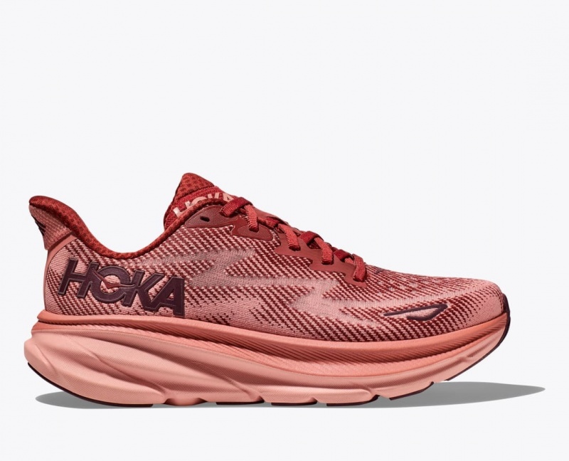 Men\'s HOKA Clifton 9 Running Shoes Dark Red / Coral | 217-VKHUMJ