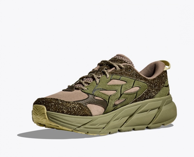 Men's HOKA Elite Terrain System Clifton L Suede Sneakers Green / Beige | 702-PGFHIX