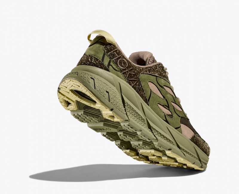 Men's HOKA Elite Terrain System Clifton L Suede Sneakers Green / Beige | 702-PGFHIX