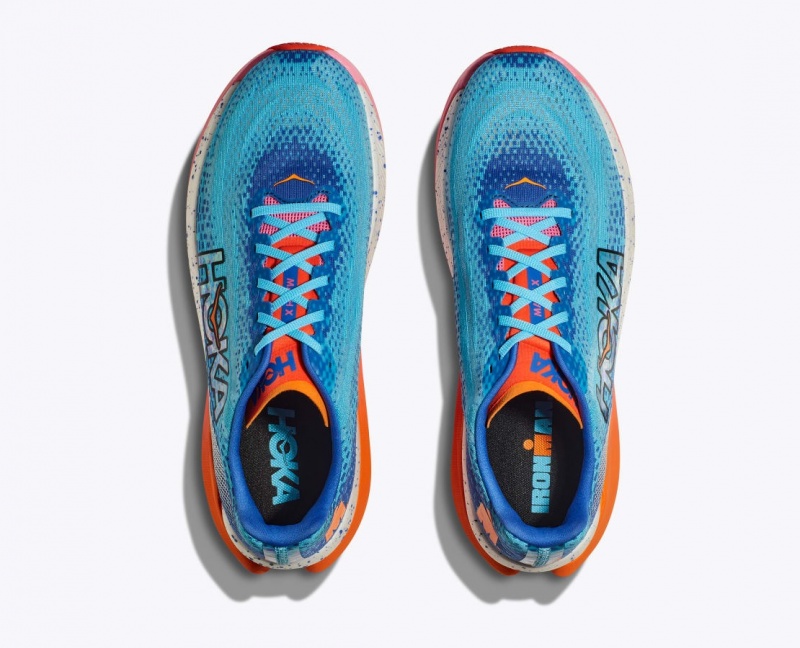 Men's HOKA IRONMAN Mach X Running Shoes Blue / White / Coral | 159-JIODVX