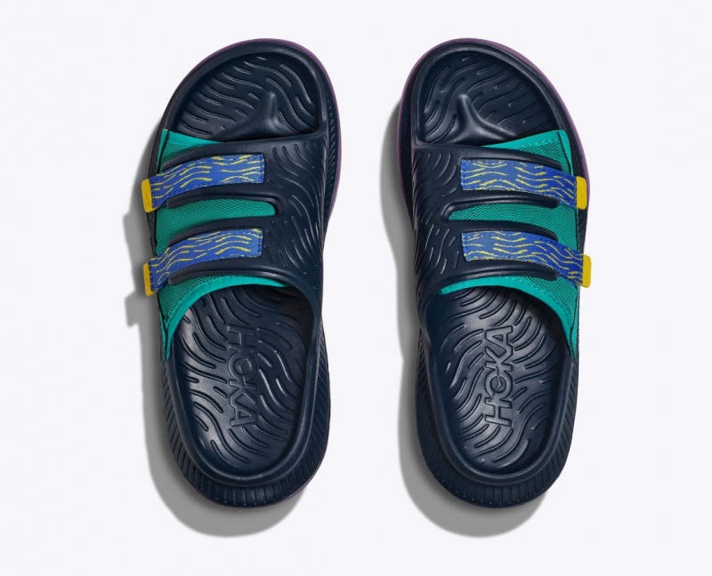 Men's HOKA Ora Luxe Slide Dark Blue / Green / Purple | 051-OKRGVQ