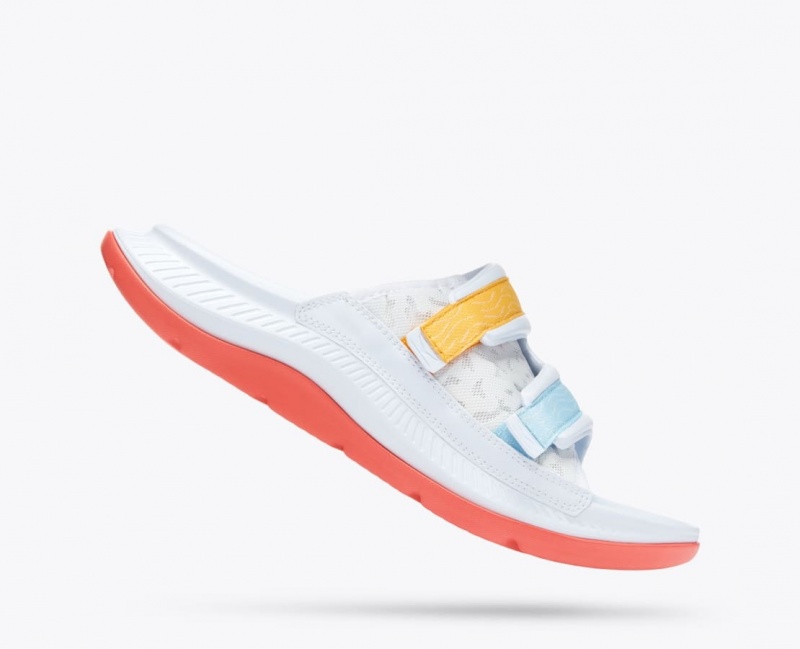 Men's HOKA Ora Luxe Slide White / Orange / Blue | 819-HMXBFJ