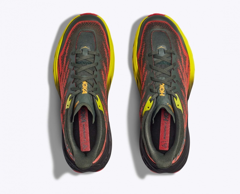 Men's HOKA Speedgoat 5 Trail Running Shoes Black / Red / Yellow | 921-LHAFBQ