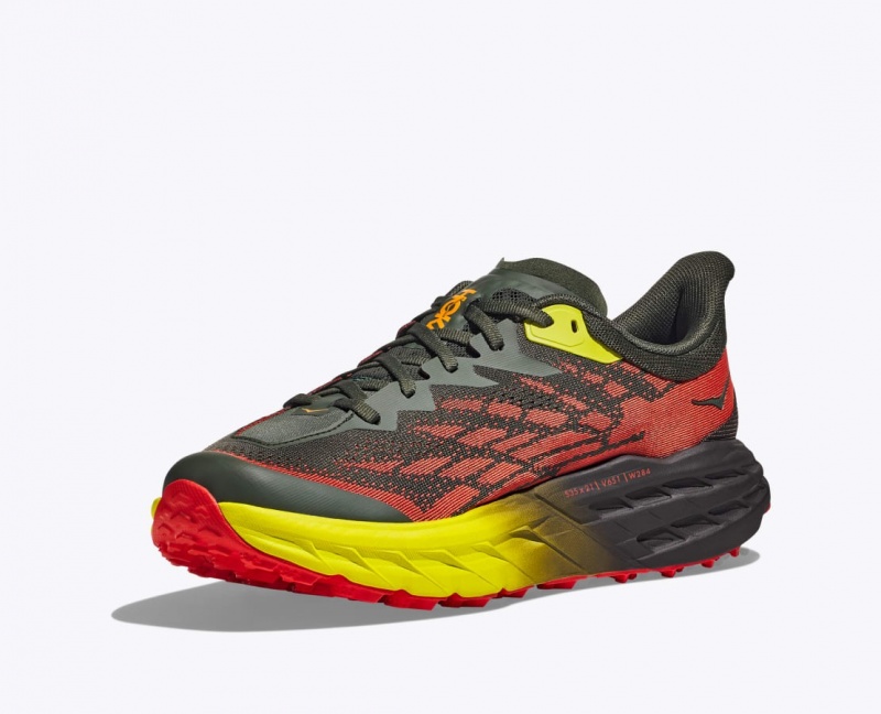 Men's HOKA Speedgoat 5 Trail Running Shoes Black / Red / Yellow | 921-LHAFBQ