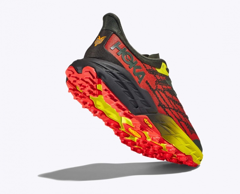 Men's HOKA Speedgoat 5 Trail Running Shoes Black / Red / Yellow | 921-LHAFBQ