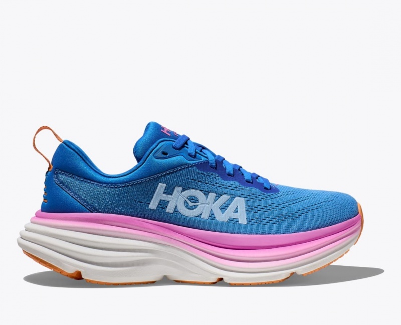 Women\'s HOKA Bondi 8 Running Shoes Blue / Pink | 968-ABTZHS