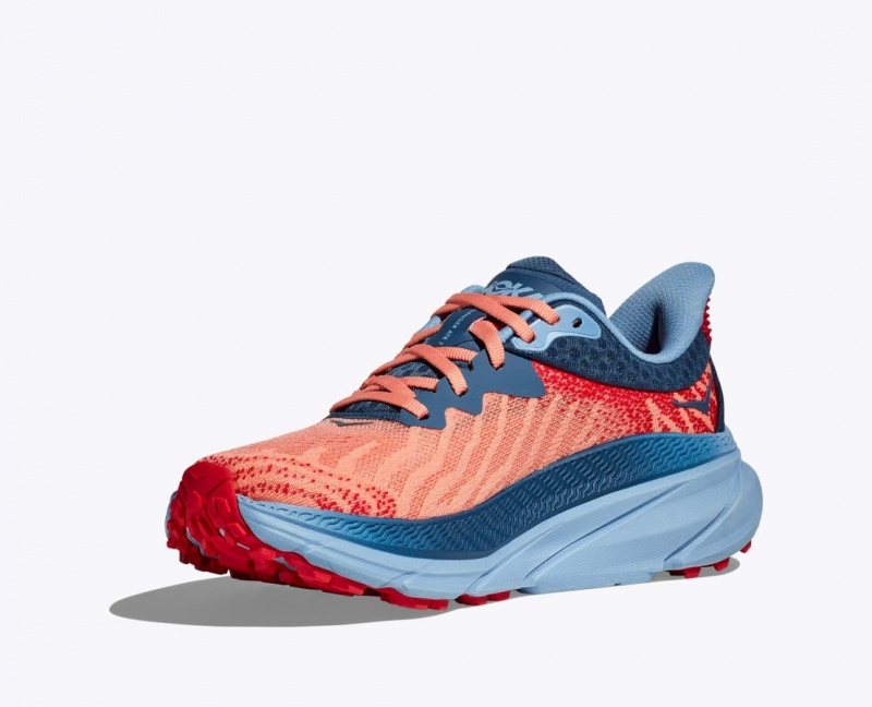 Women's HOKA Challenger 7 Trail Running Shoes Coral / Dark Blue | 497-ZQMKIH