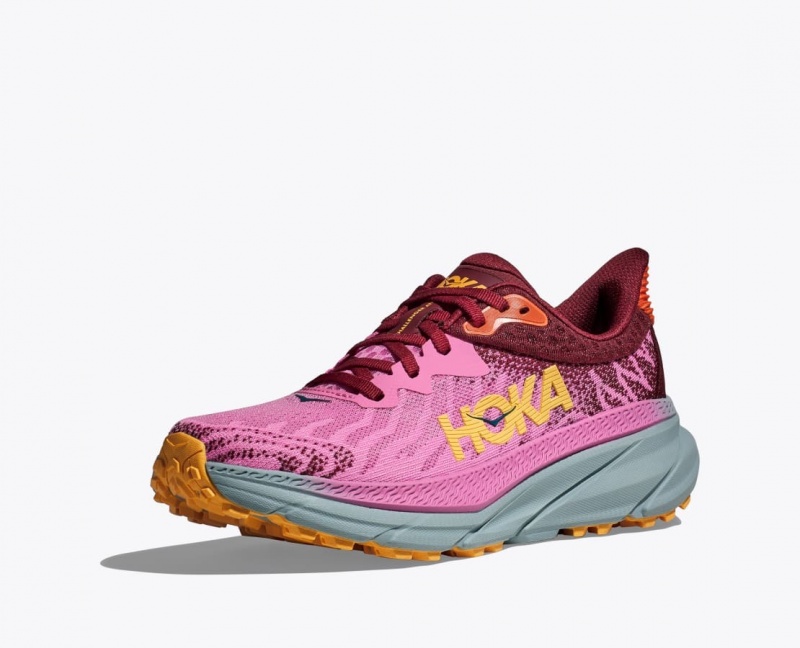 Women's HOKA Challenger 7 Trail Running Shoes Pink / Dark Red | 285-QWDZHC