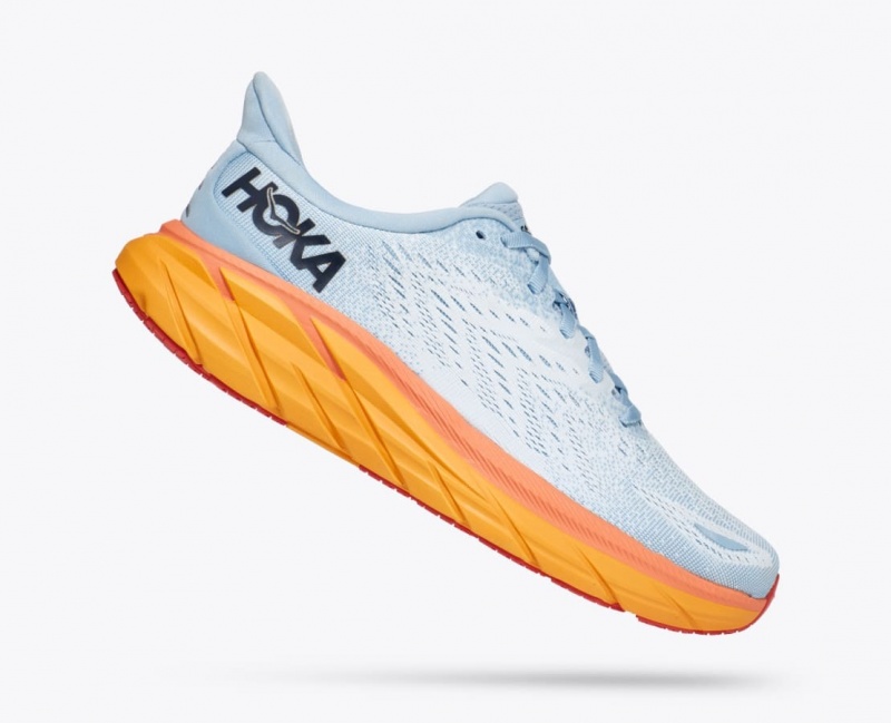 Women's HOKA Clifton 8 Running Shoes Light Blue / White / Orange | 687-DOGZKP