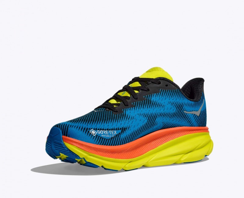 Women's HOKA Clifton 9 GTX Running Shoes Blue / Black / Green | 317-DBCKNP