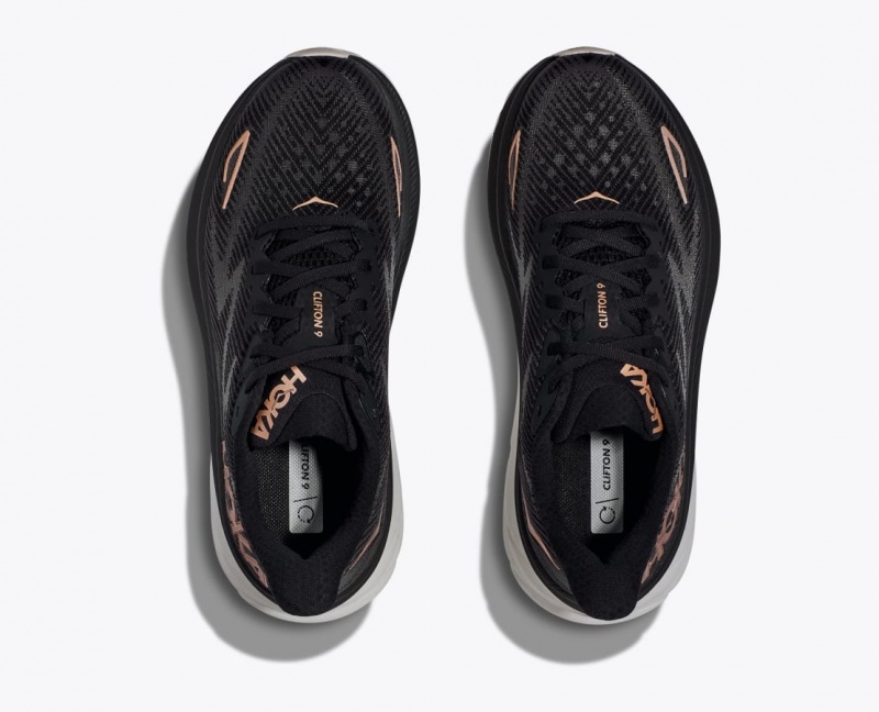 Women's HOKA Clifton 9 Running Shoes Black / Rose Gold | 821-FNMXSZ