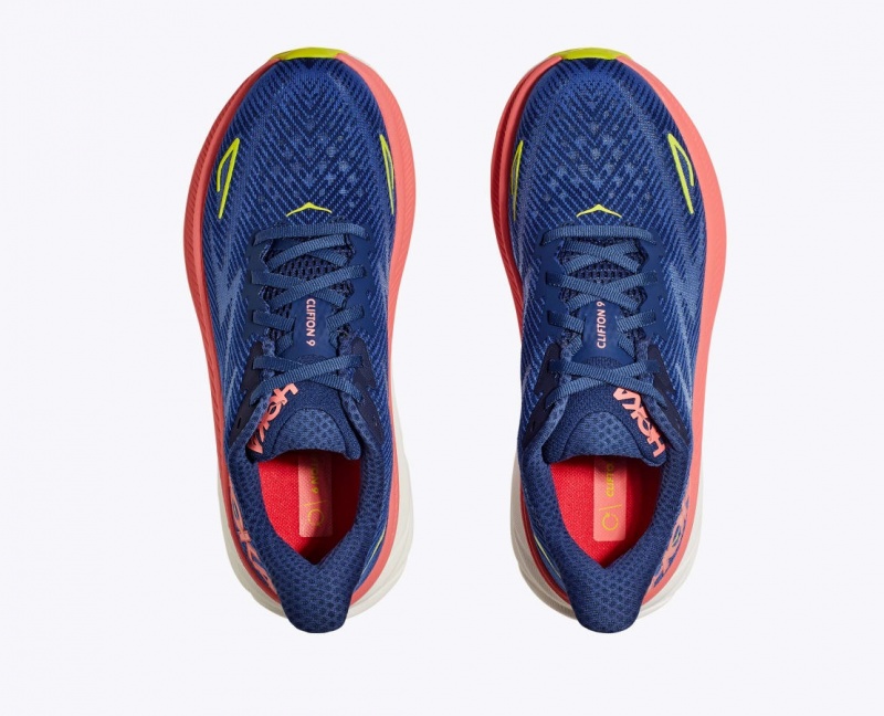 Women's HOKA Clifton 9 Running Shoes Navy / Coral | 412-SXDYNM