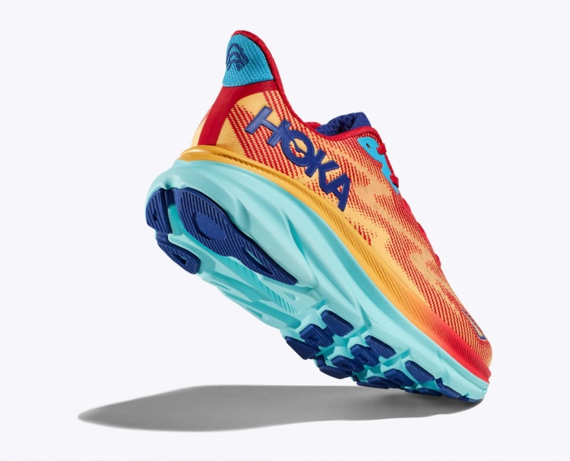 Women's HOKA Clifton 9 Running Shoes Orange / Red / Blue | 706-AWXYBV